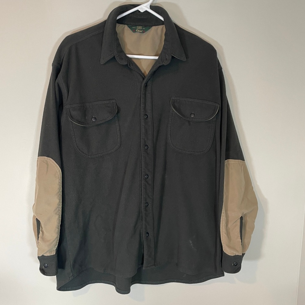 VTG Orvis Mens Fleece Shirt Jacket Green Tan Elbow Patches USA L Thrashed Grunge
